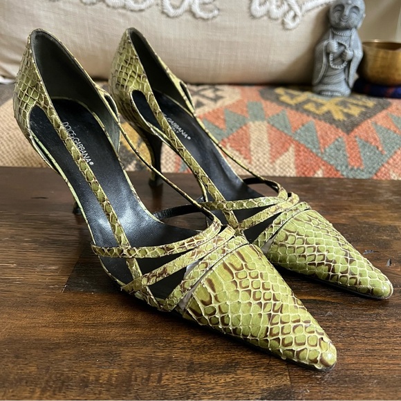 Dolce & Gabbana Green Snake Leather Strappy Pointed Tie Heels EU36.5 - Picture 1 of 16